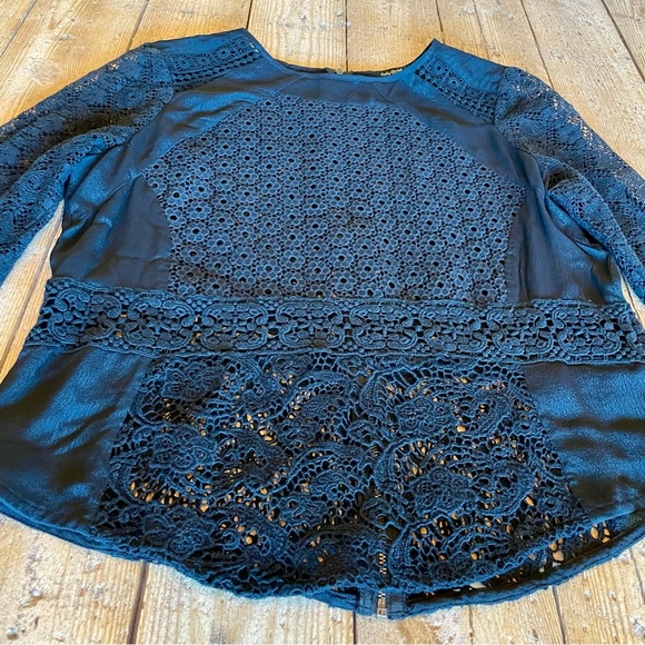 Lucky Brand Black Crochet Lace Long Sleeve Boho Top Large - Picture 4 of 7